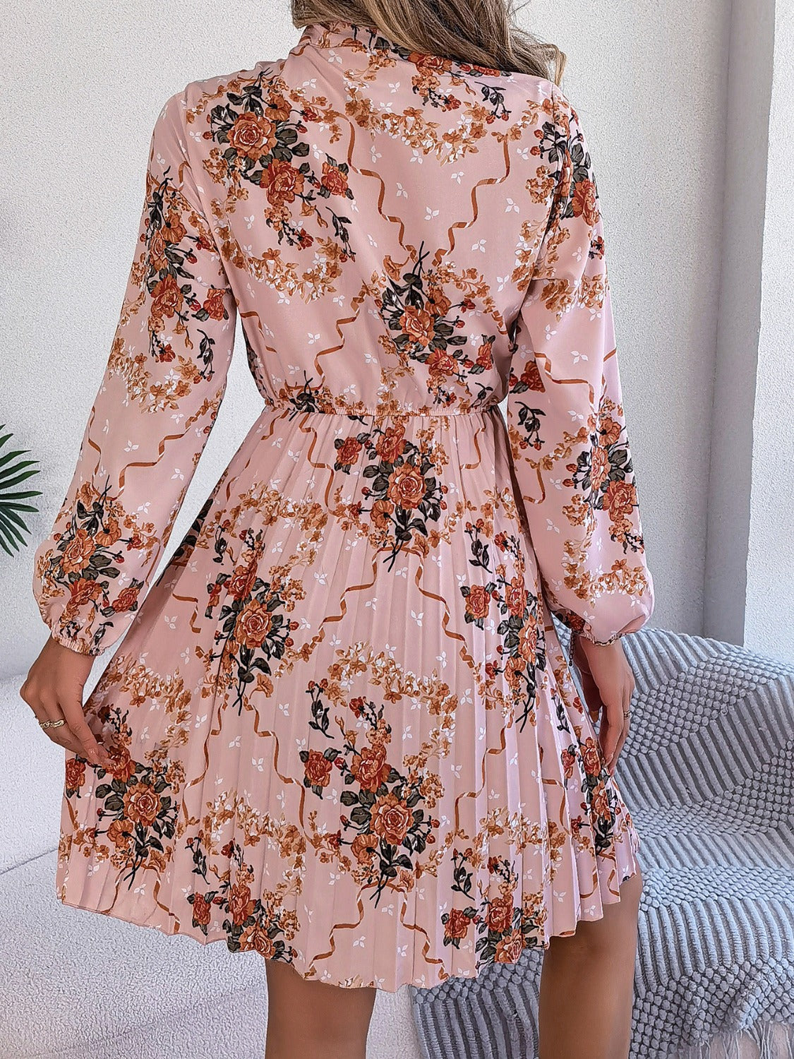 Pleated Printed Tie Neck Long Sleeve Dress Black / M Pleated Printed Tie Neck Long Sleeve Dress Black / M