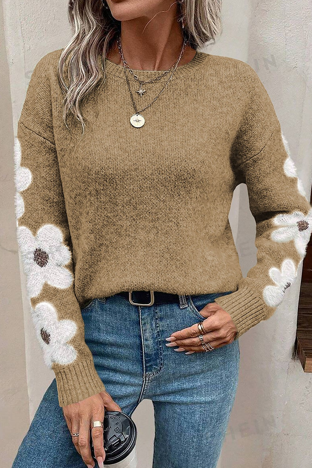 Flower Round Neck Long Sleeve Sweater - Charming Charlie