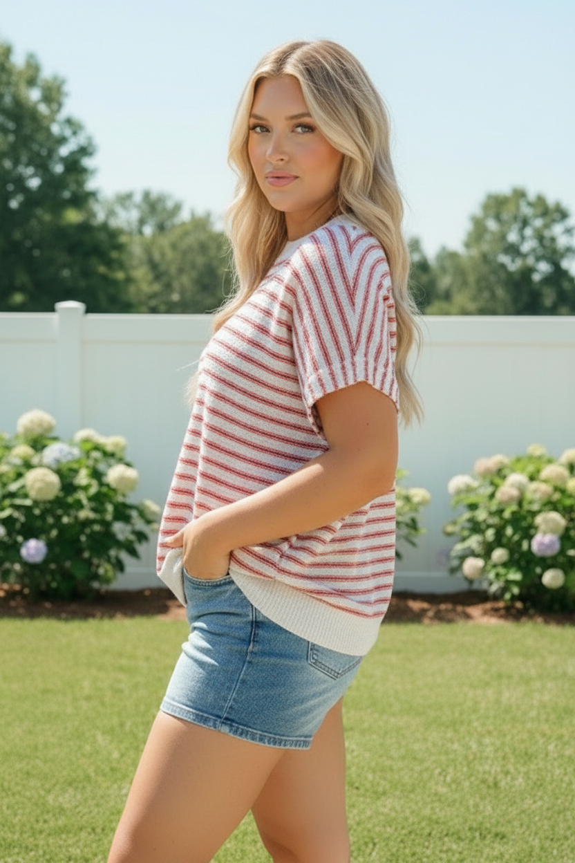 Breezy Stripe Knit Top in Ivory and Red - Charming Charlie