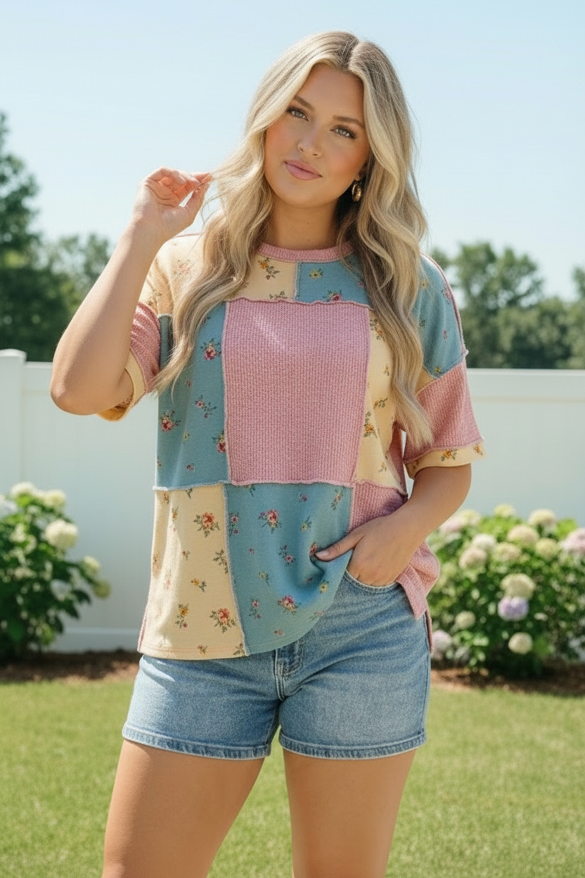 Patchwork Floral Waffle Knit Top - Charming Charlie