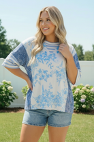 Blue Toile Mixed Print Oversized Tee - Charming Charlie