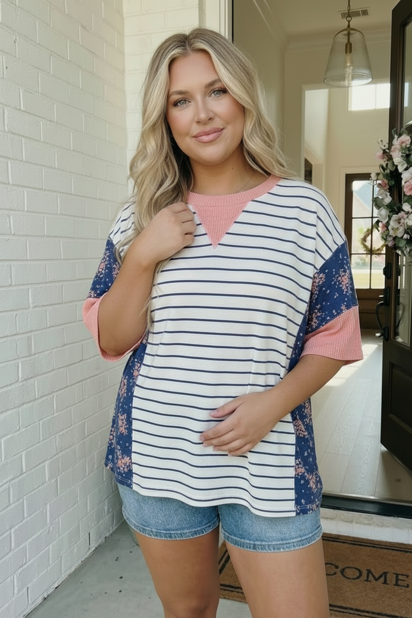 Stripe and Floral Mixed Media Oversized Top - Charming Charlie