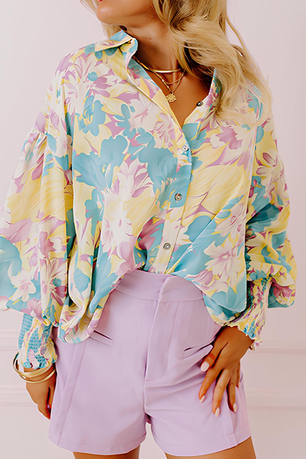 Printed Button Down Lantern Sleeve Shirt - Charming Charlie