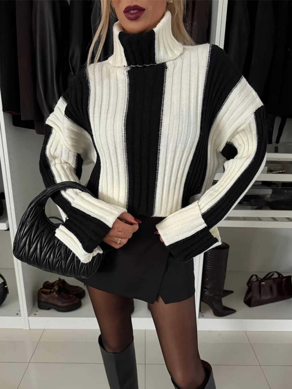 Striped Turtleneck Dropped Shoulder Sweater - Charming Charlie