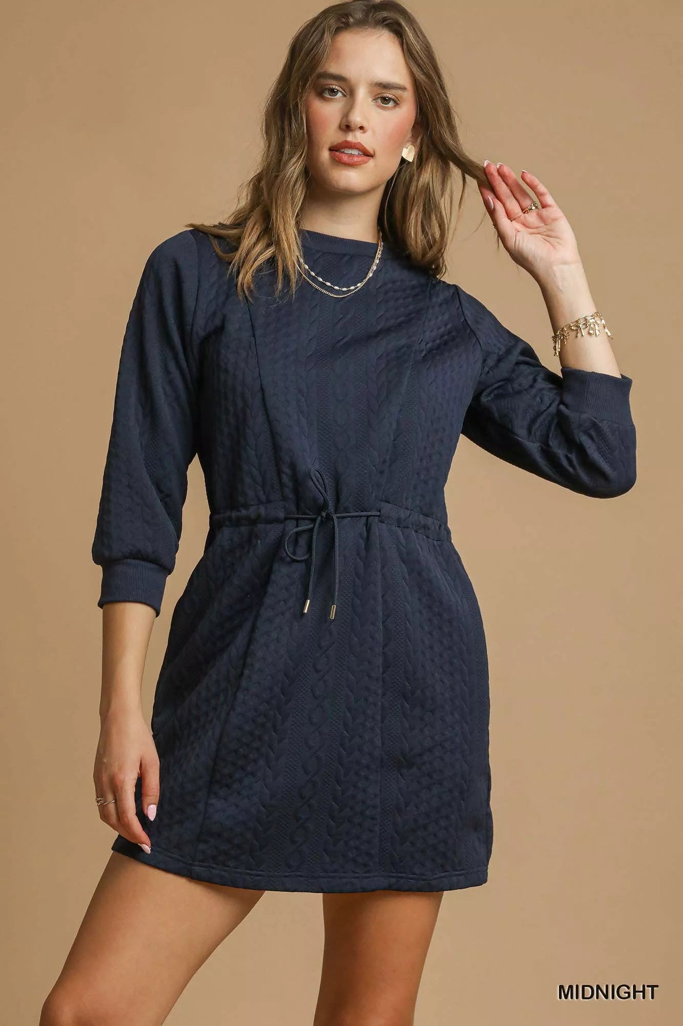 Umgee Drawstring Cable Knit Mini Dress with Pockets – Charming Charlie