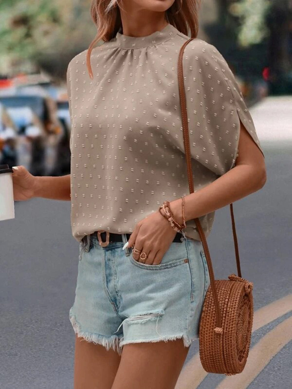 Swiss Dot Smocked Round Neck Short Sleeve Blouse