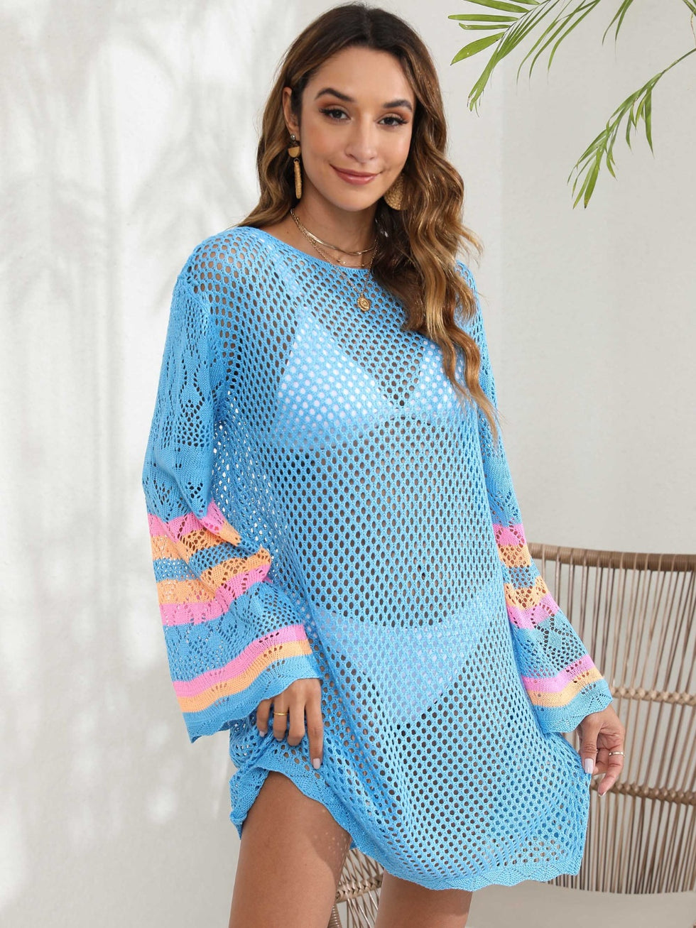 Long Sleeve Round Neck Openwork Cover-Up main image 0