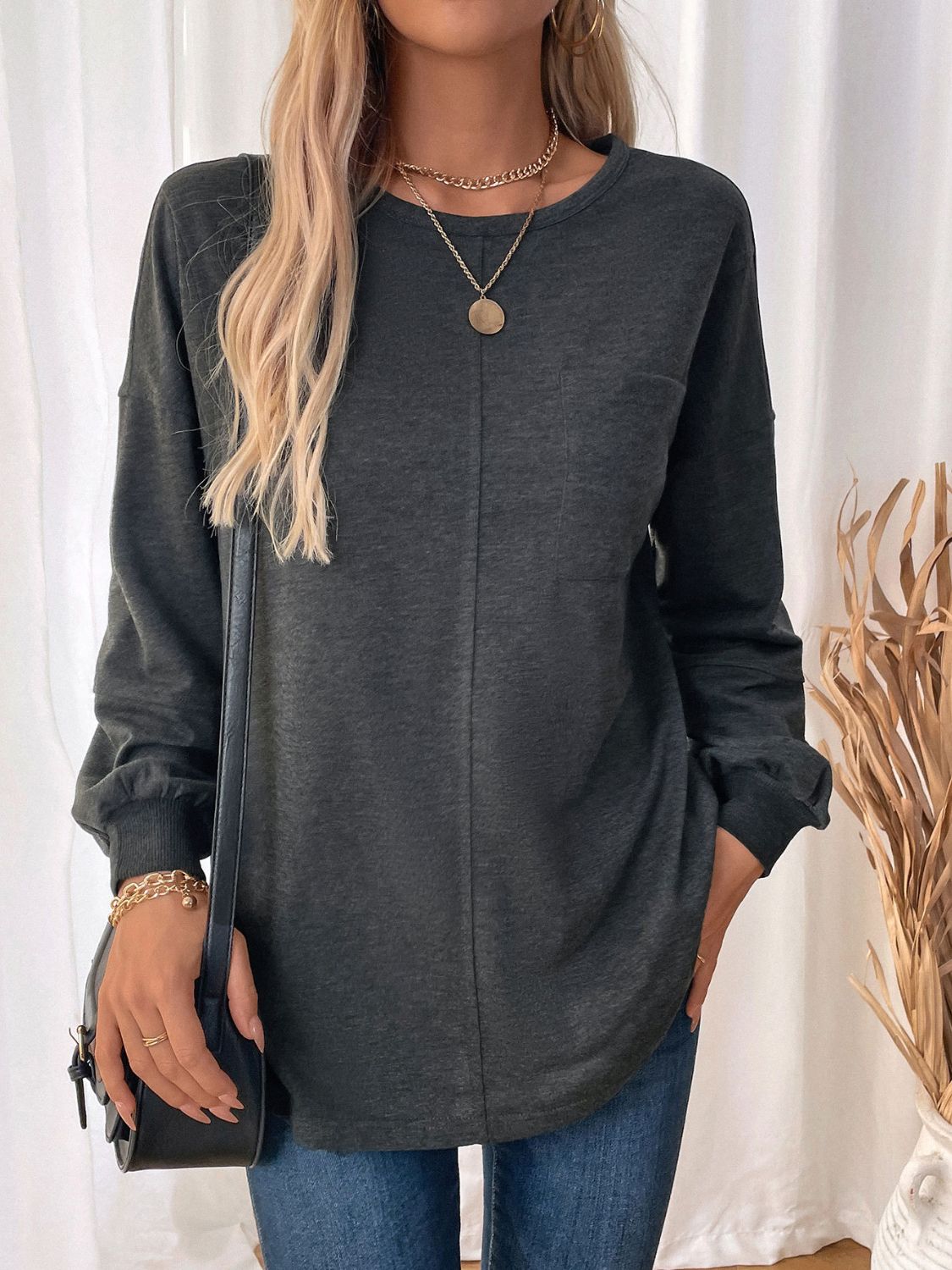 Perfee Pocketed Round Neck Long Sleeve Sweatshirt - Charming Charlie