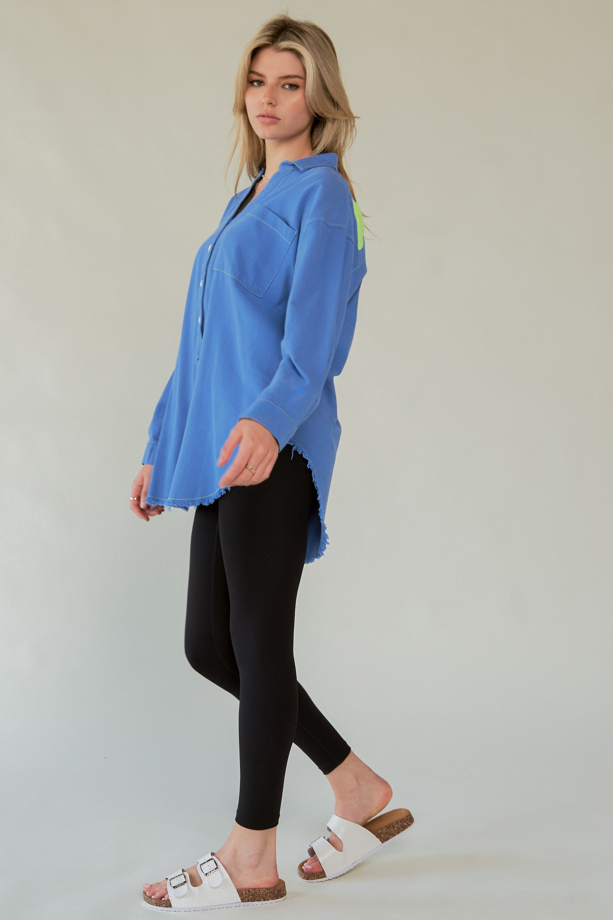 Davi & Dani Letter Back Raw Hem Half Button Shirt - Charming Charlie