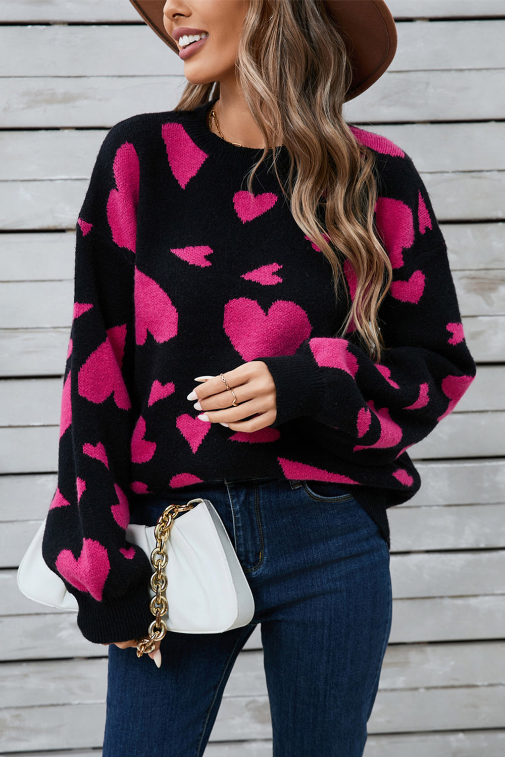 Angel Wings Heart Contrast Round Neck Long Sleeve Sweater - Charming Charlie