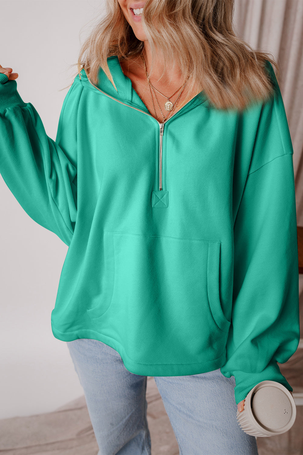 Pocketed Half Zip Dropped Shoulder Hoodie - Charming Charlie
