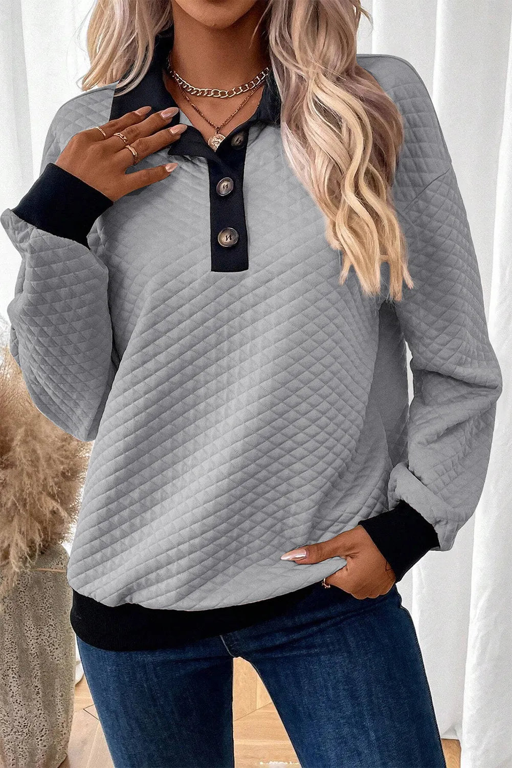 Textured Collared Neck Long Sleeve Top - Charming Charlie