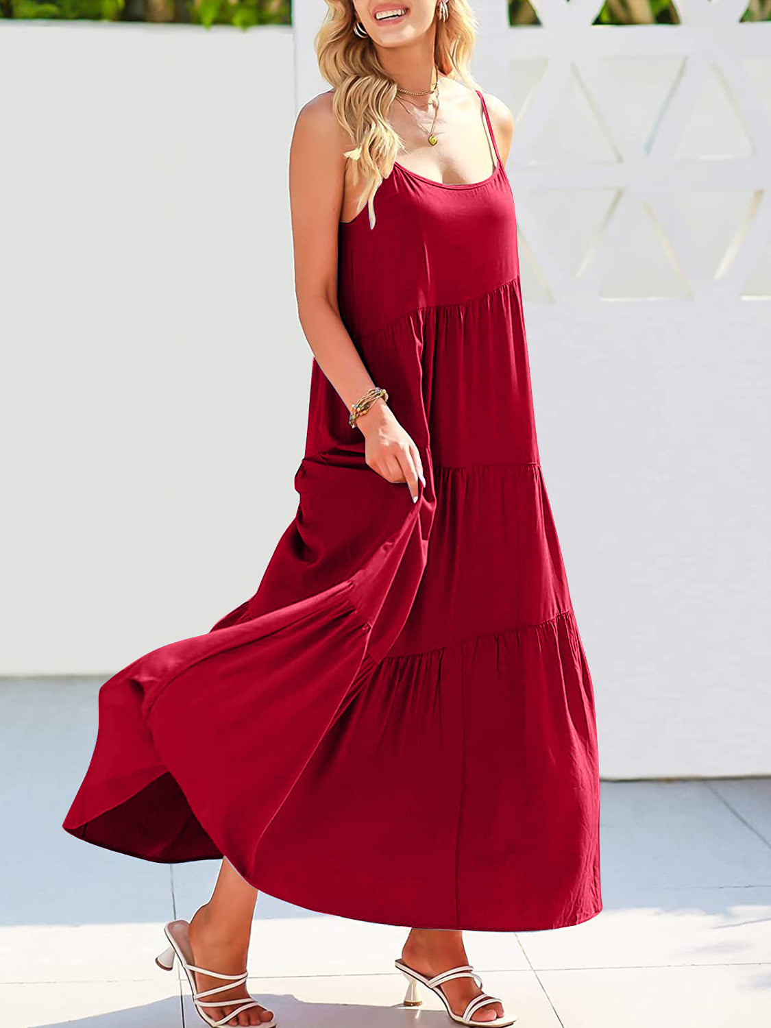 Spaghetti Straps Ruched Tiered Dress With Slit Silver