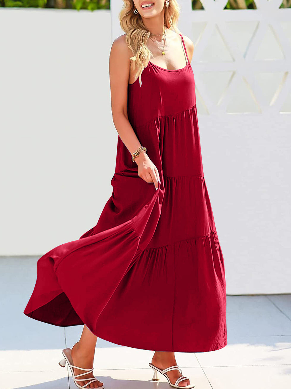 Spaghetti Straps Ruched Tiered Dress With Slit Azalea