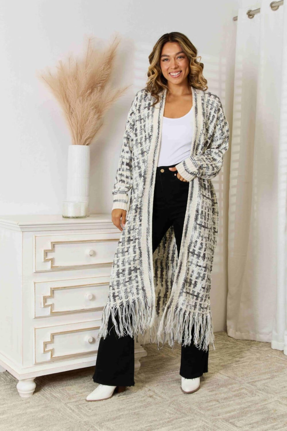 Fringe Open Front Long Sleeve Cardigan