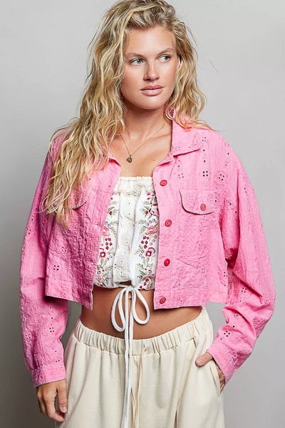 POL Eyelet Textured Cotton Cropped Button-Front Jacket – Charming
