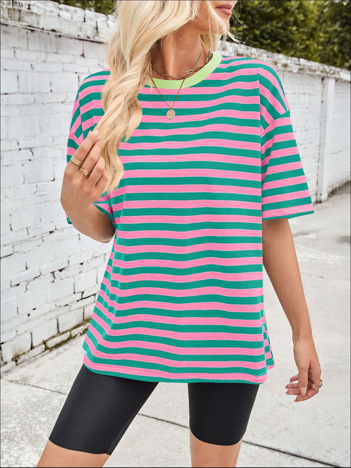 Lovelet Striped Round Neck Half Sleeve T-Shirt - Charming Charlie