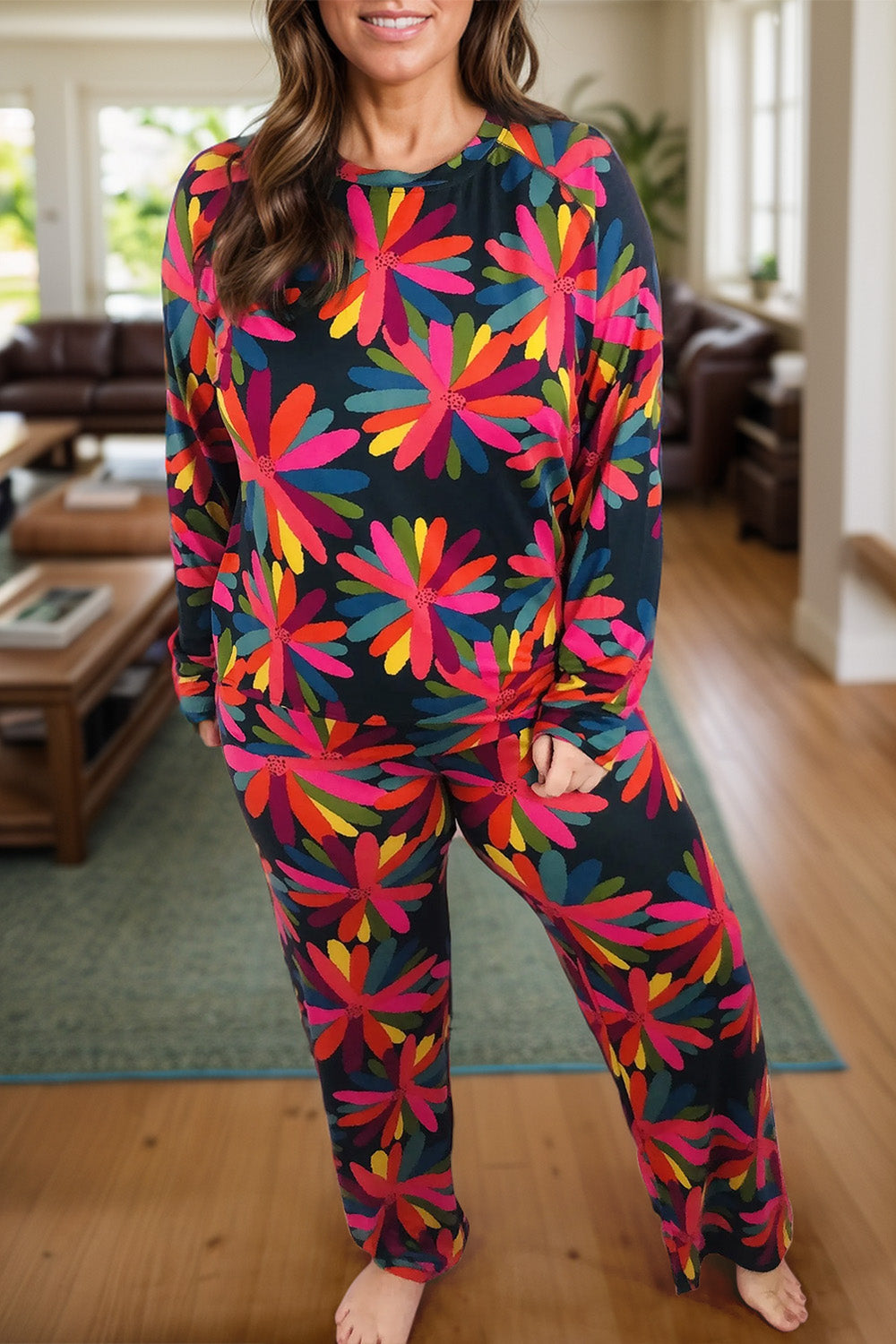 Plus Size Printed Round Neck Top and Drawstring Pants Set - Charming Charlie