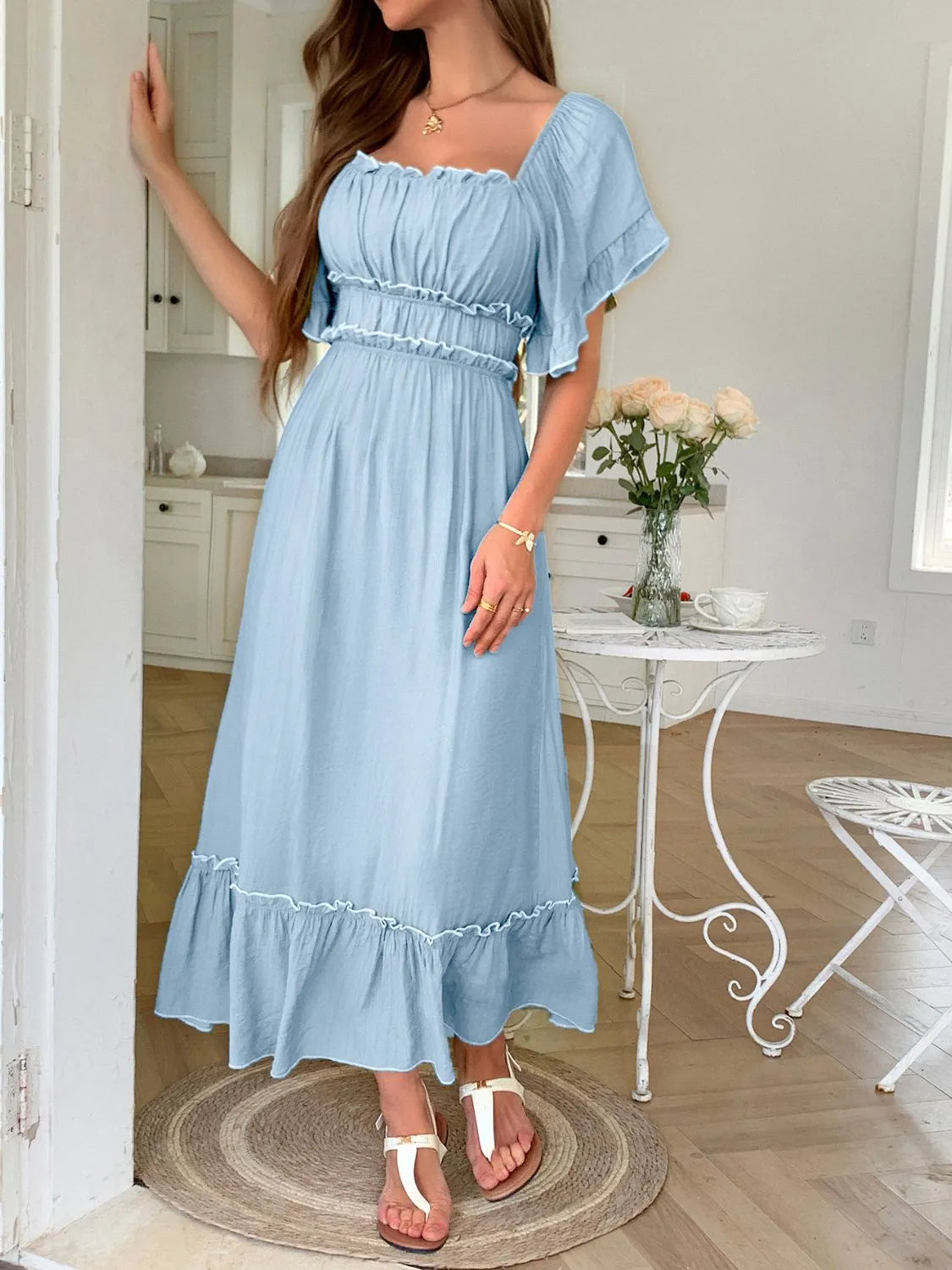 Square Neck Puff Sleeve Ruffle Trim Maxi Dress - Blue / S Square Neck Puff Sleeve Ruffle Trim Maxi Dress - Blue / S