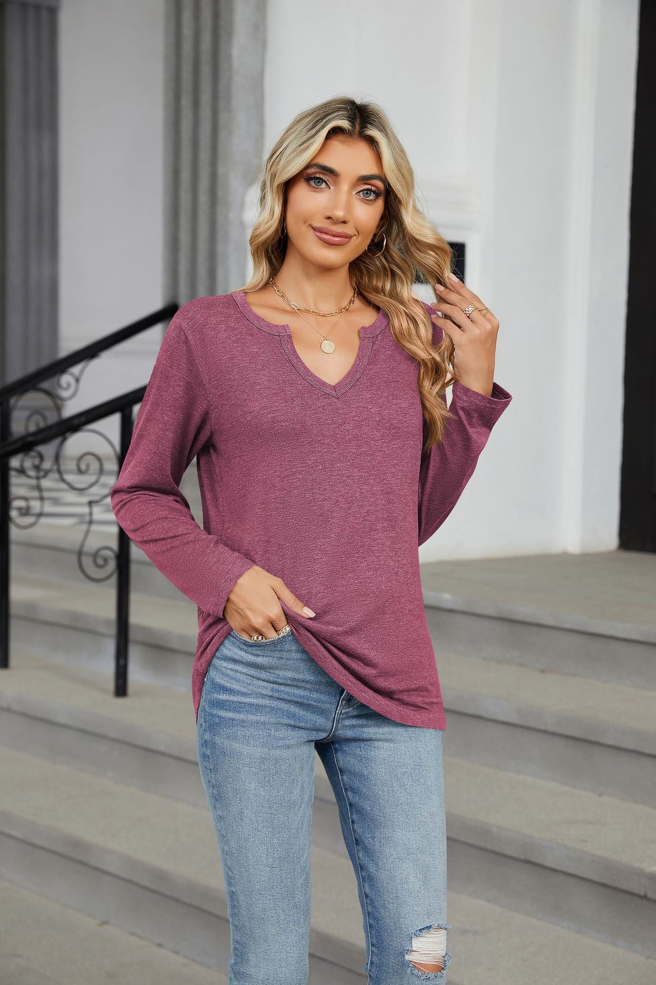 Notched Long Sleeve T-Shirt - Charming Charlie