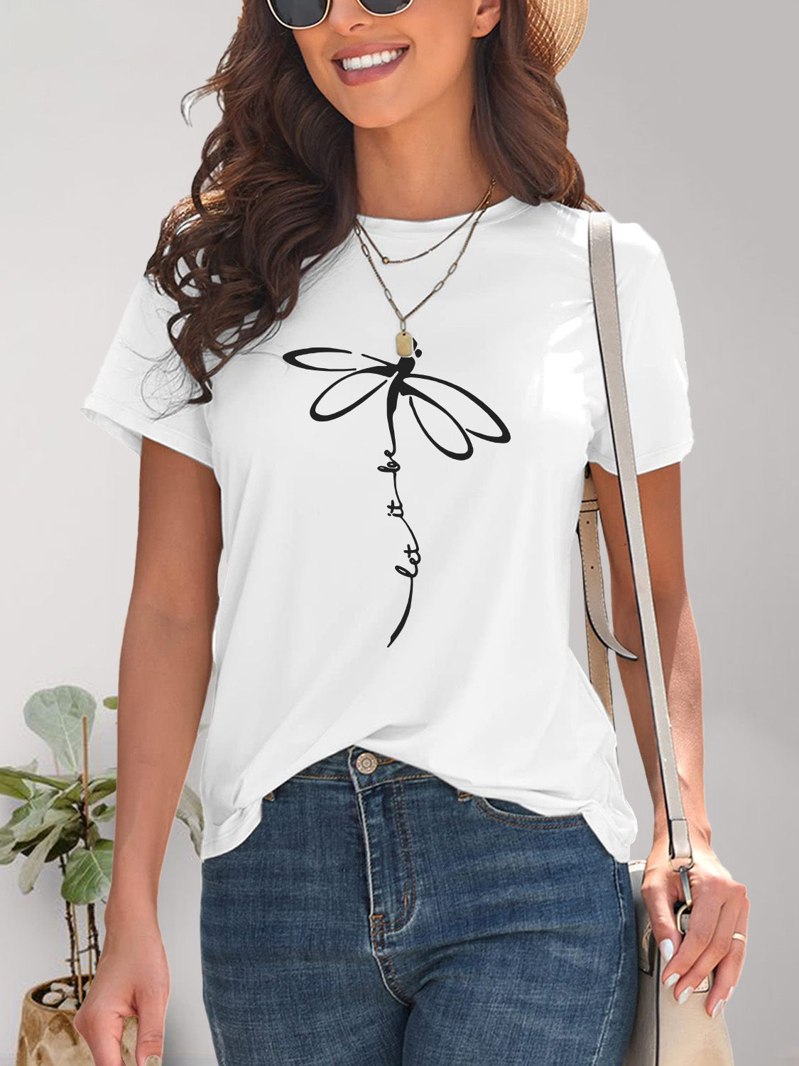 Dragonfly Graphic Round Neck Short Sleeve T-Shirt - Charming Charlie