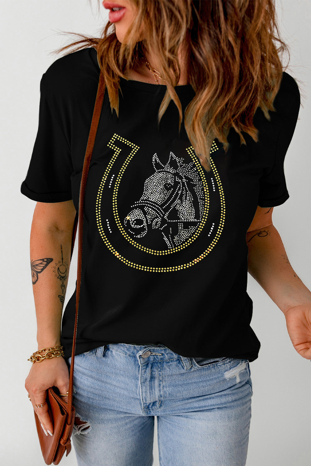 Rhinestone Round Neck Short Sleeve T-Shirt - Charming Charlie