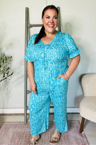 PLUS Spring Vibes Aqua Ikat Print Ruffle Sleeve Wide Leg Jumpsuit - Charming Charlie