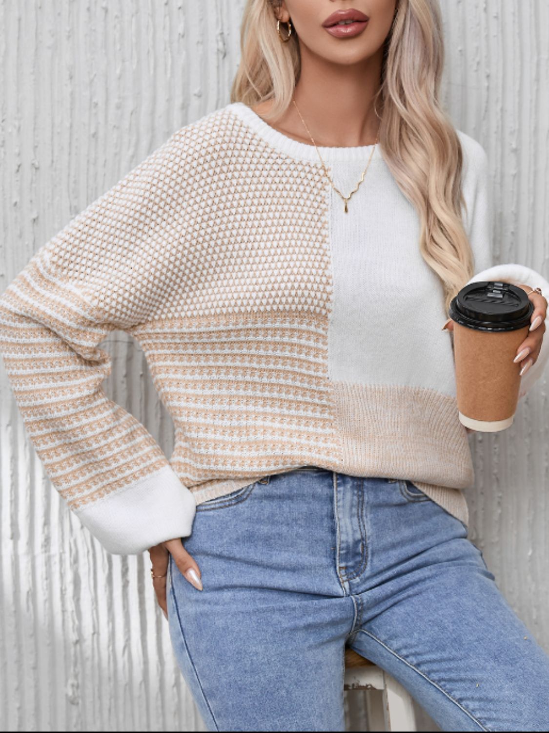 Contrast Round Neck Long Sleeve Sweater - Charming Charlie