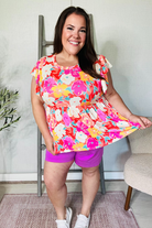 Feeling Femme' Coral Floral Print Folded Short Sleeve Babydoll Top - Charming Charlie