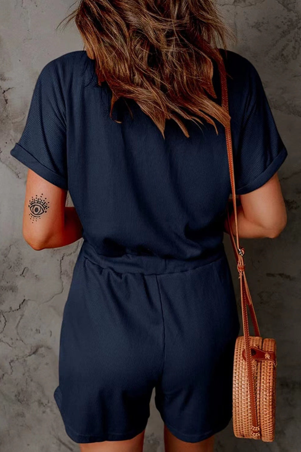 Full Size Drawstring V-Neck Short Sleeve Romper - Charming Charlie