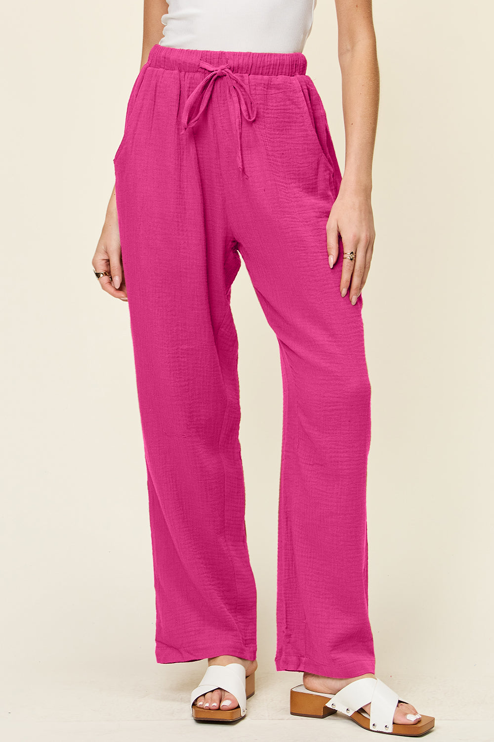 Double Take Full Size Texture Drawstring Straight Pants - Charming Charlie