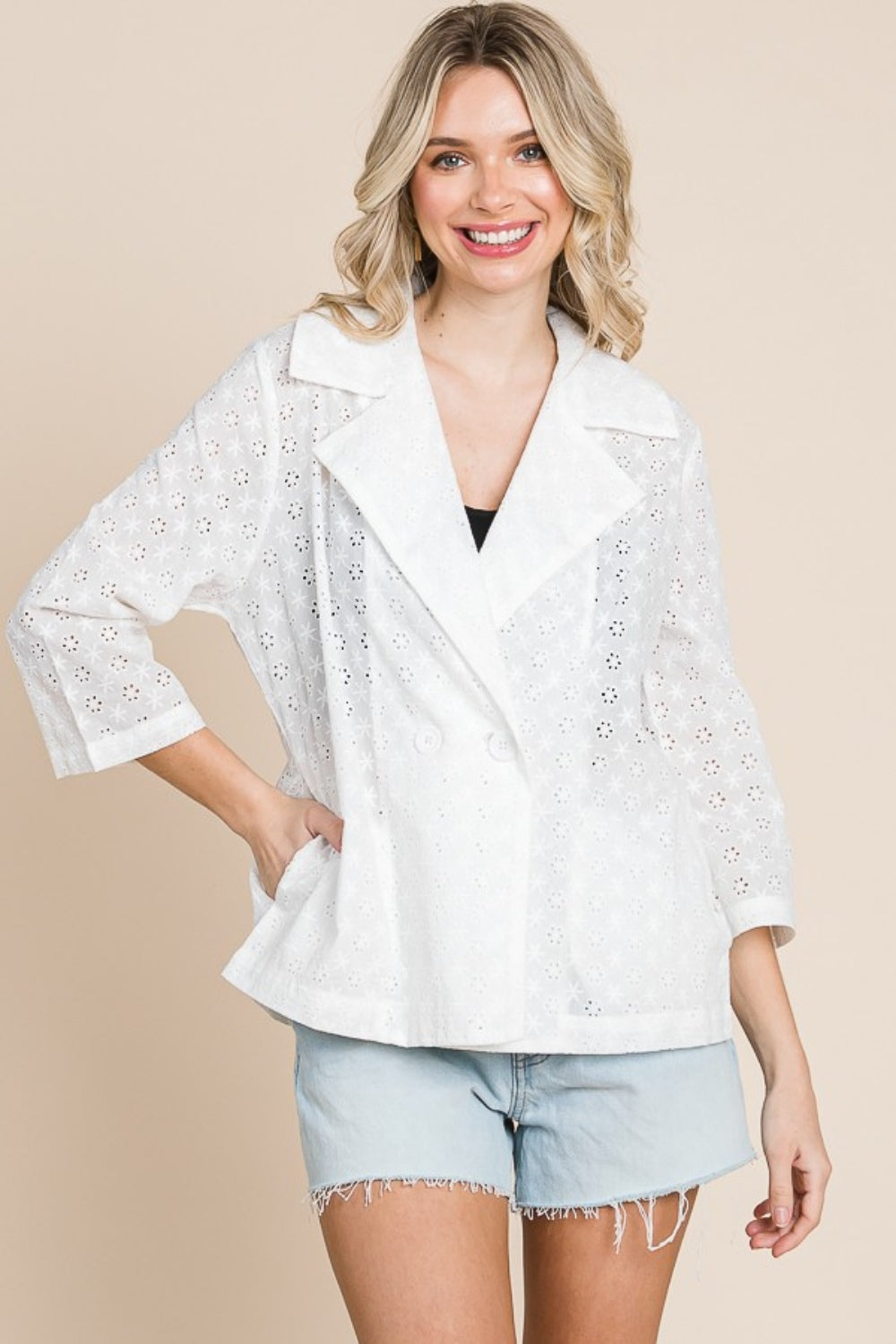 Culture Code Double Breasted Eyelet Jacket with Pockets - Charming Charlie