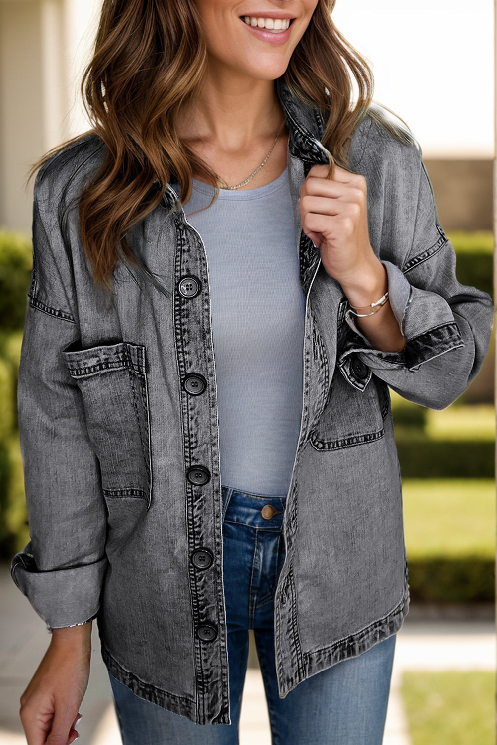 Button Up Long Sleeve Denim Jacket - Charming Charlie