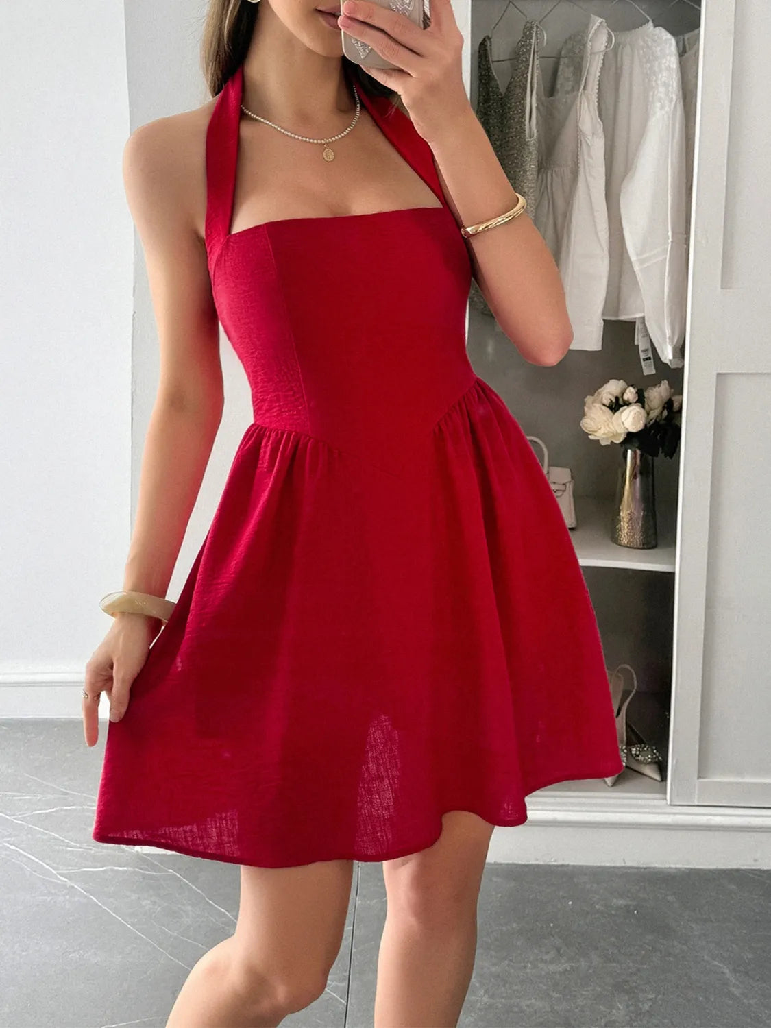 Halter Neck Summer Mini Dress Deep Red / XL