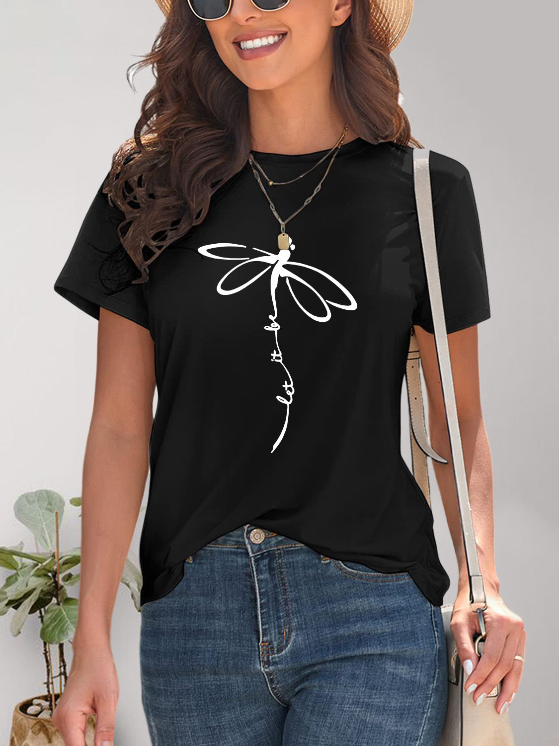 Dragonfly Graphic Round Neck Short Sleeve T-Shirt - Charming Charlie