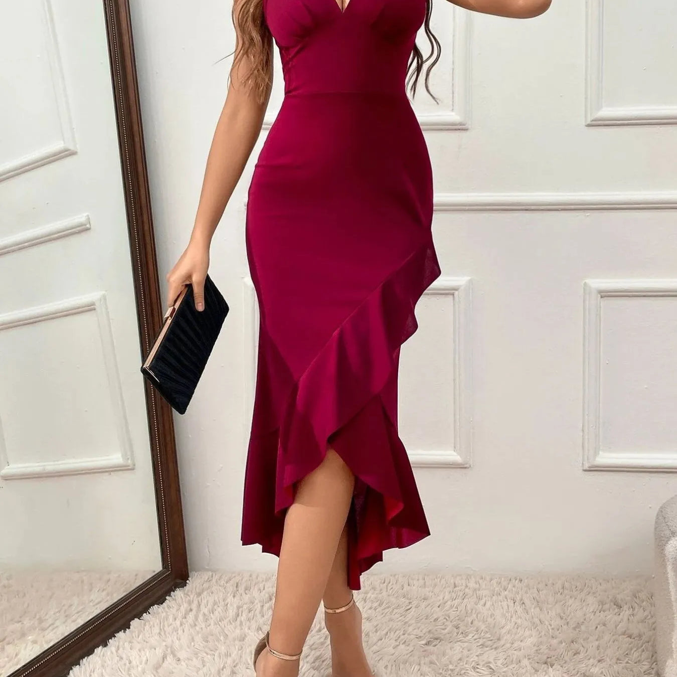 bodycon dress with ruffle hem Jackie Wide Ruffle Hem Pinafore Midi Dress White