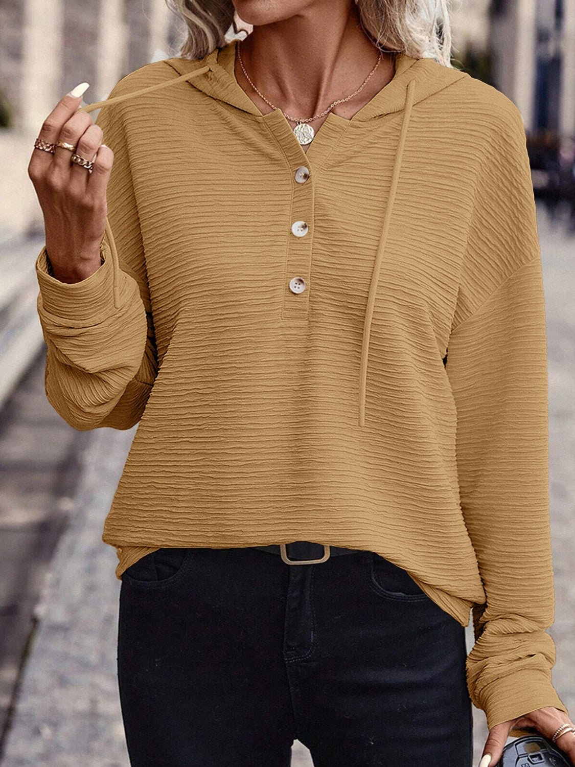Drawstring Quarter Button Long Sleeve Hoodie - Charming Charlie