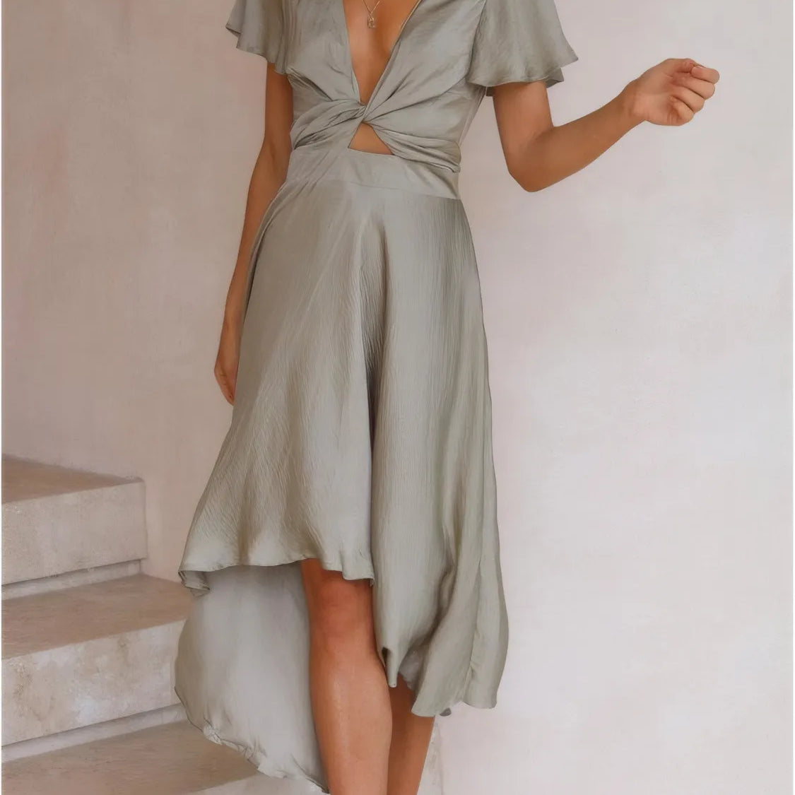 High-Low Plunge Flutter Sleeve Dress Sage / L High-Low Plunge Flutter Sleeve Dress Sage / L