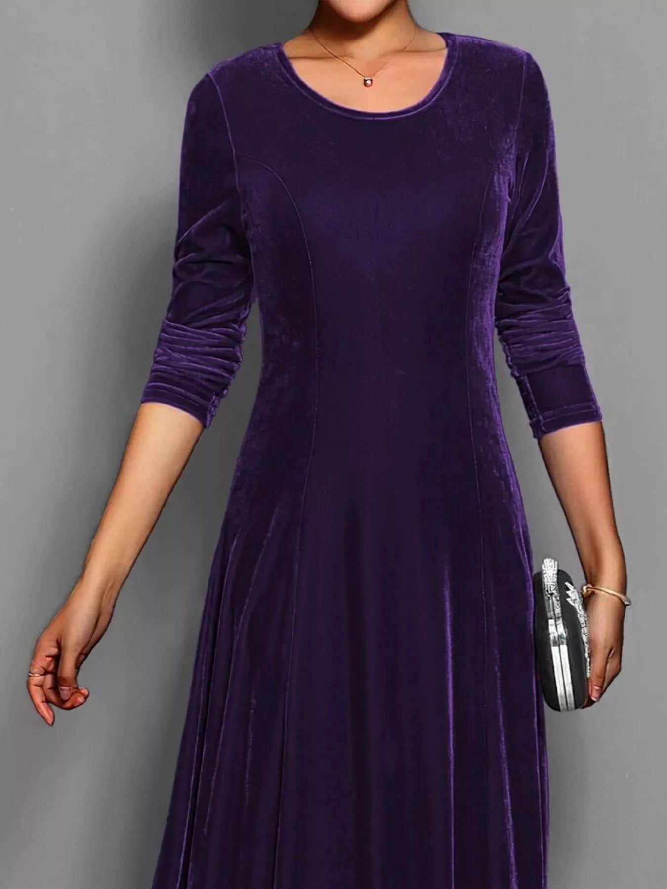 Velvet Long Sleeve A-Line Dress Green / M