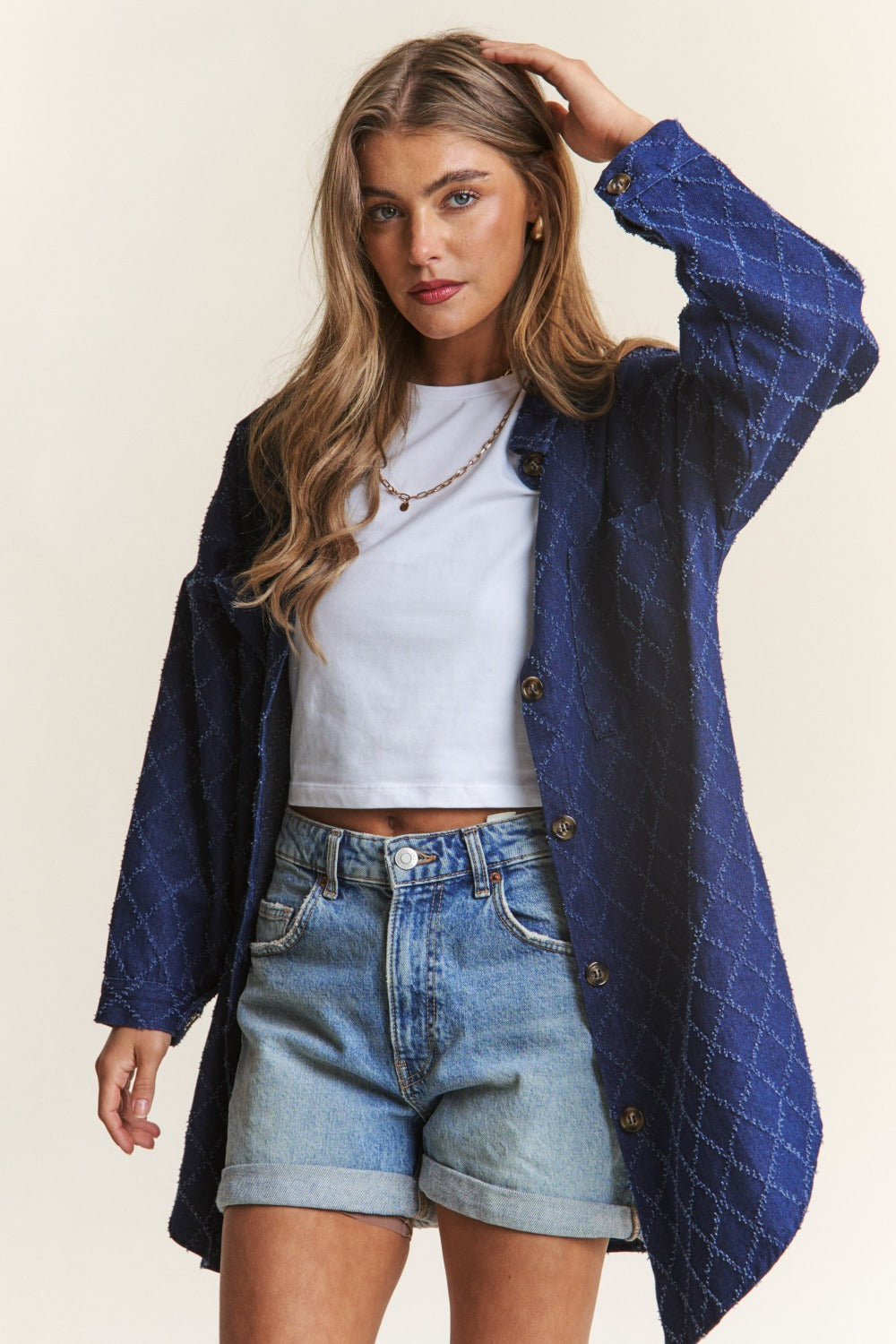 J.NNA Rhombus Stitched Button Up Denim Shacket – Charming Charlie