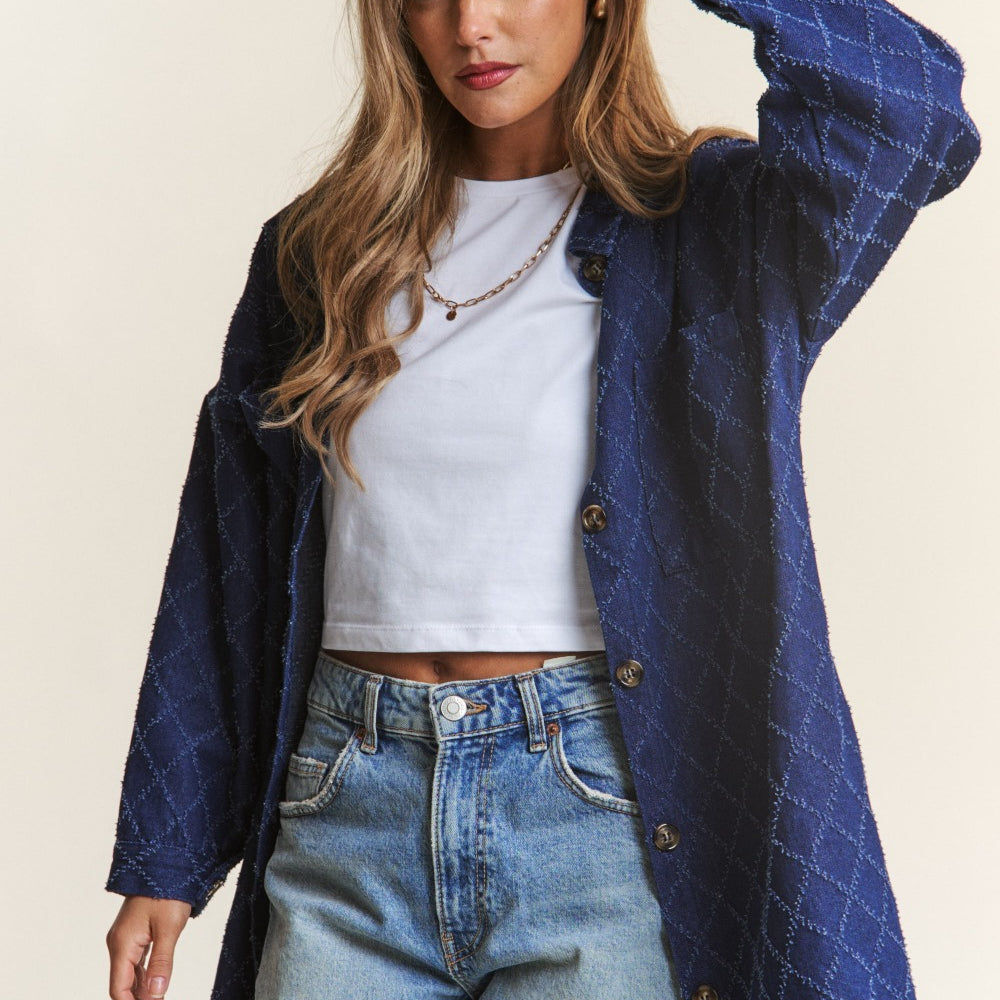 J.NNA Rhombus Stitched Button Up Denim Shacket – Charming Charlie