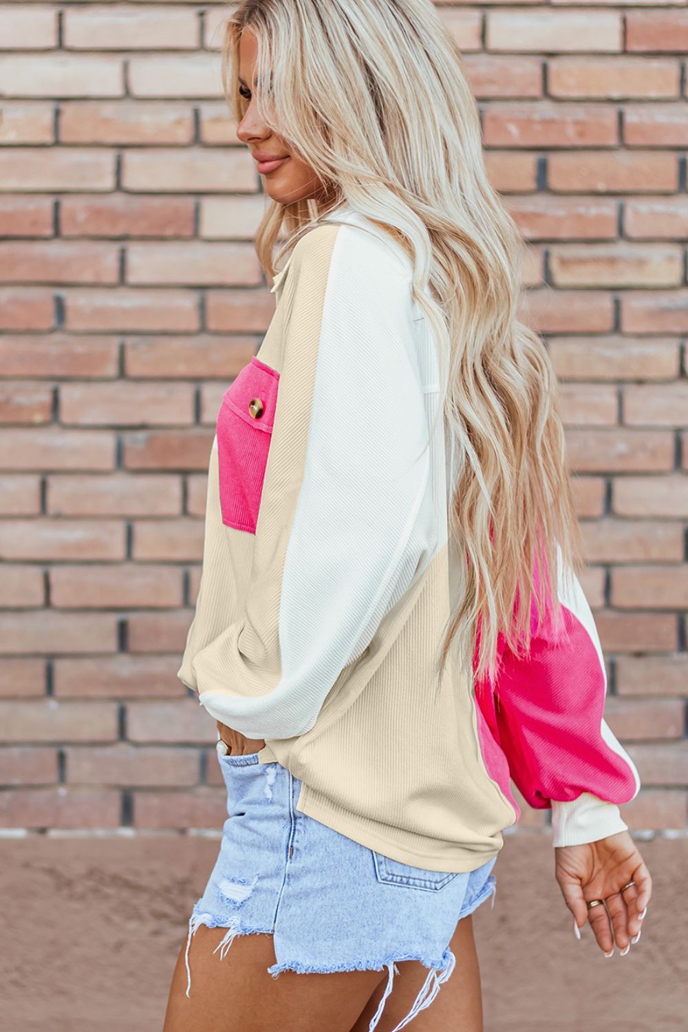 Color Block Collared Neck Long Sleeve Sweatshirt - Charming Charlie