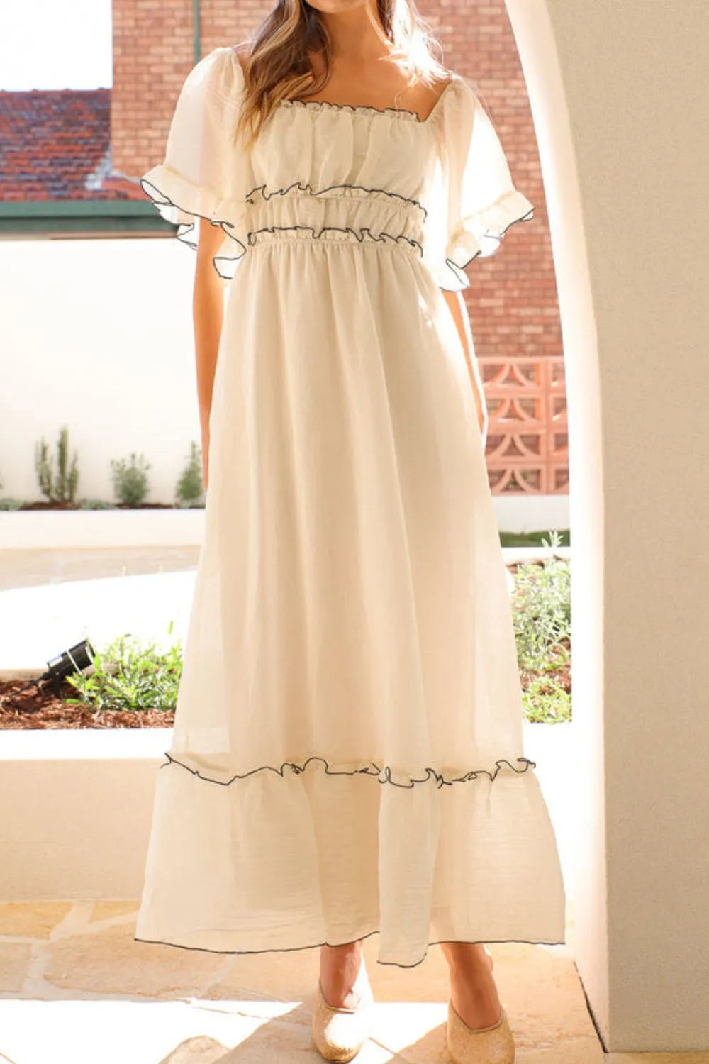 knee length dresses for ladies Square Neck Short Sleeve Midi Dress