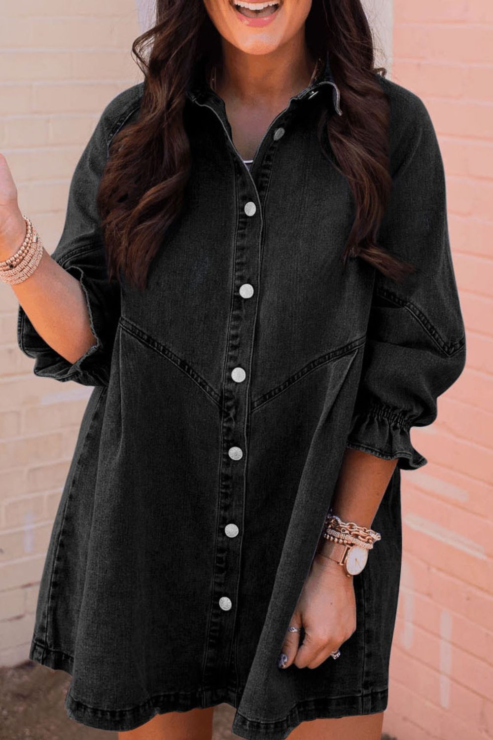 Distressed Collared Neck Flounce Sleeve Denim Dress - Black / S