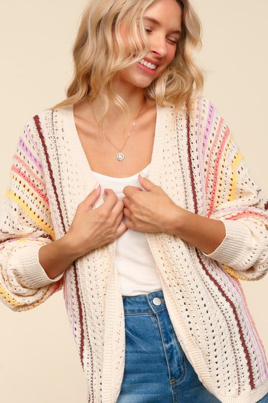 Haptics Full Size Striped Crochet Open Front Cardigan - Charming Charlie