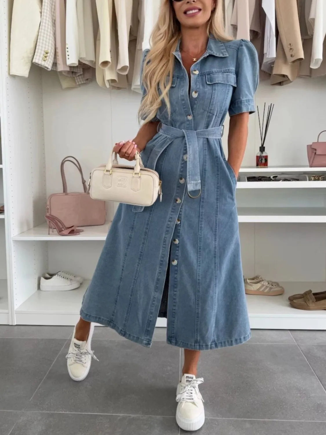 Puff Sleeve Button Down Belted Denim Midi Dress Blue / S