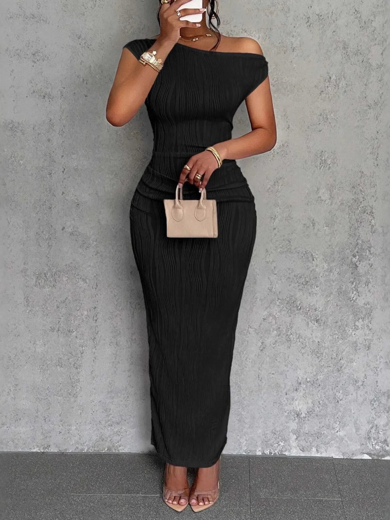 off the shoulder bodycon maxi dress Textured Single Shoulder Bodycon Maxi Dress – Charming Charlie