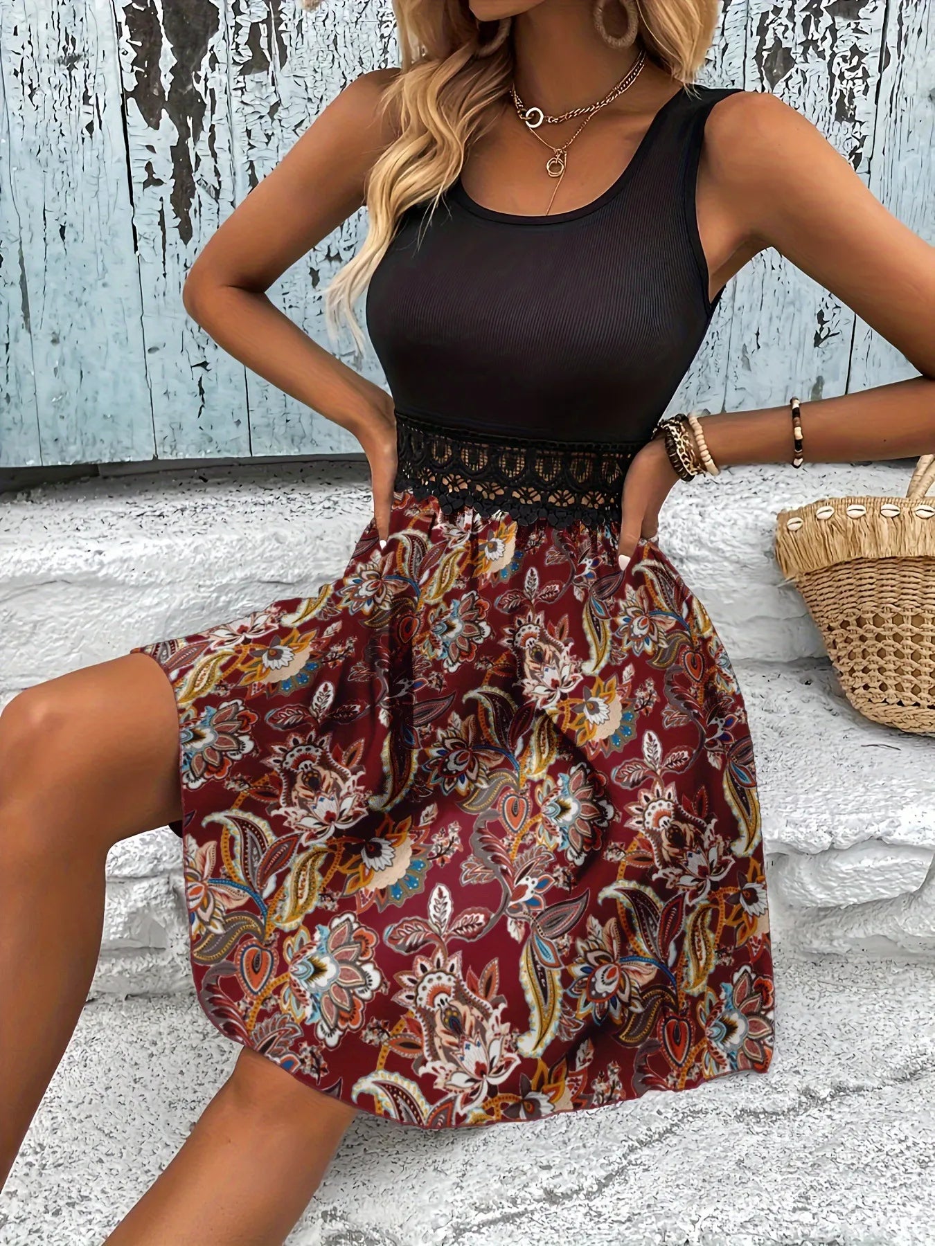 Printed A-Line Tank Dress with Lace Waist Detail – Charming Charlie