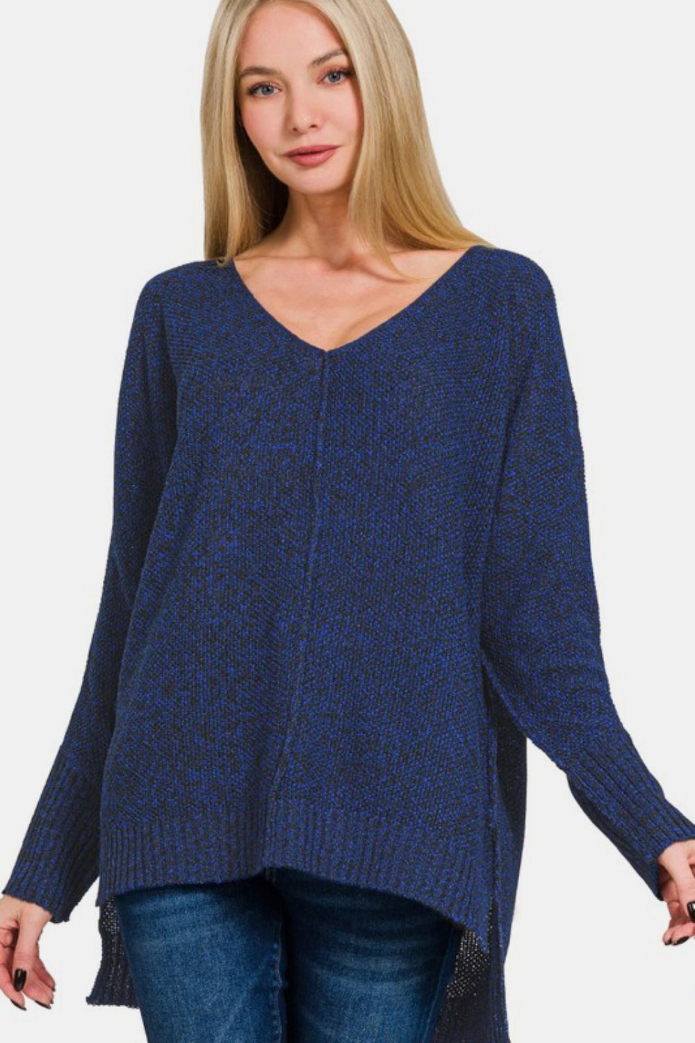 Zenana High-Low Center Seam V-Neck Sweater - Charming Charlie