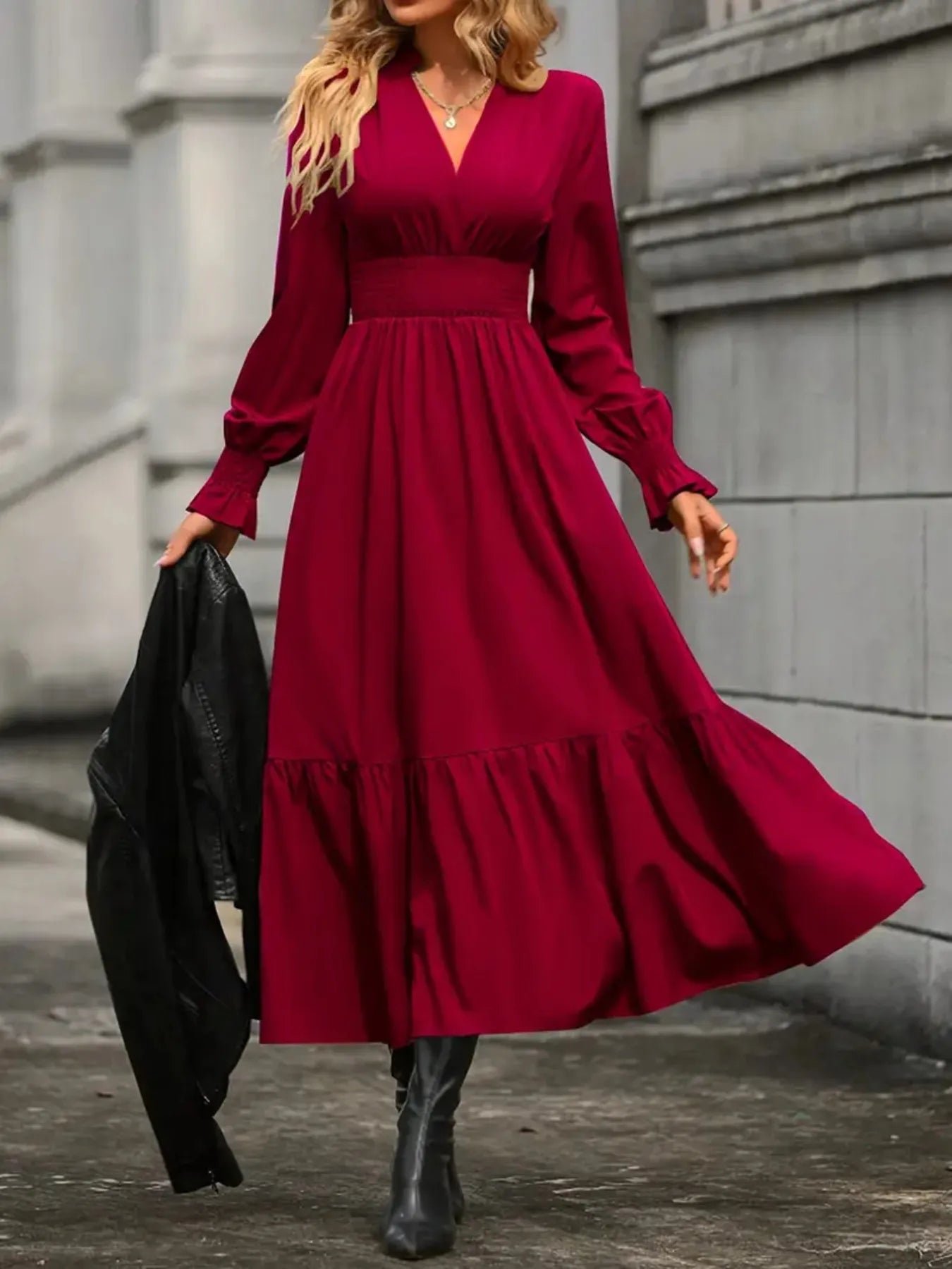 red long sleeve high low dress Notched Long Sleeve Tiered Dress Burgundy / XL